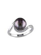 Sonatina Sterling Silver, 9-9.5mm Black Pearl & Diamond Curlicue Ring