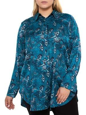 Addition Elle Michel Studio Plus Wide-cuff Printed Shirttail Blouse
