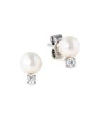 Crislu Classic 6mm Freshwater Pearl, Crystal, Sterling Silver And Pure Platinum Accented Stud Earrings