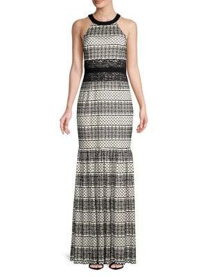 H Halston Geometric Lace Halter Gown