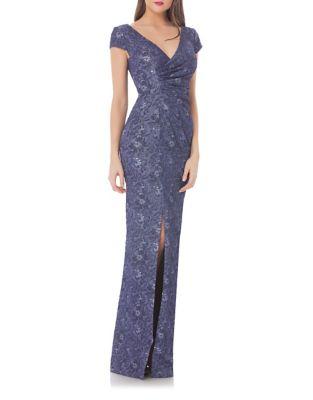 Js Collections Metallic Floral Front Slit Gown