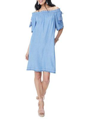Nydj Off-the-shoulder Chambray Shift Dress