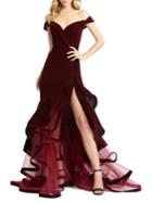 Mac Duggal Off-the-shoulder Thigh-slit Velvet Gown