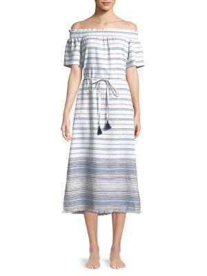 Tommy Bahama Off-shoulder Frayed-hem Stripe Coverup Dress