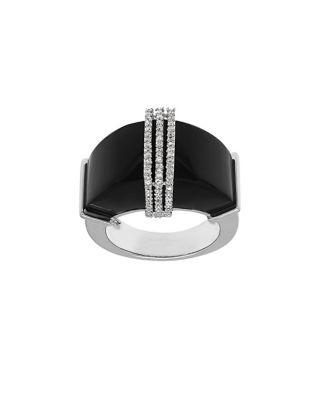 Lord & Taylor Sterling Silver, Diamonds And Onyx Ring