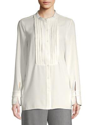 H Halston Pintuck Long-sleeve Top