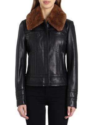 Badgley Mischka Genuine Rabbit Fur Collar Leather Aviator Jacket
