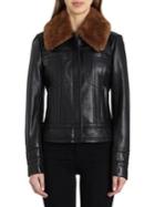 Badgley Mischka Genuine Rabbit Fur Collar Leather Aviator Jacket