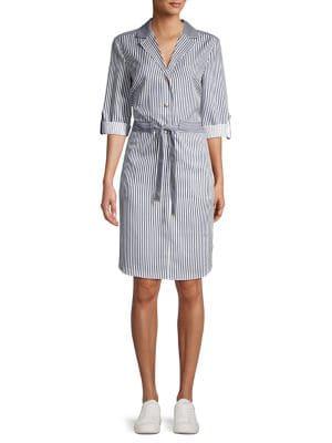 Jones New York Striped Tie Waist Shirt Dress