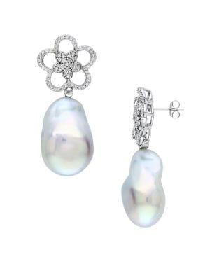 Sonatina 14k White Gold, White Cultured Freshwater Pearl & Diamond Drop Earrings