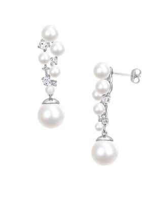 Sonatina Sterling Silver, 3-10.5mm Pearl & White Topaz Cluster Drop Earrings