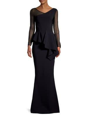 Chiara Boni La Petite Robe Long Sleeve Asymmetric Ruffle Gown