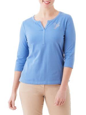 Olsen Crystal Bird Splitneck Top