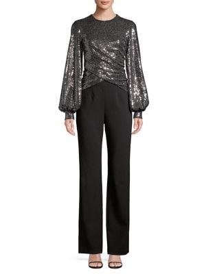 Black Halo Uno 2-piece Sequin Puff-sleeve Top & Crepe Pants Jumpsuit