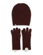 Ugg Two-piece Rib-knit Hat And Faux Fur Pom Gloves Set