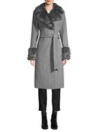French Connection Faux Fur-trim Belted Wool-blend Long Coat