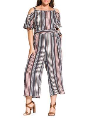 City Chic Plus Striped Tie-front Jumpsuit