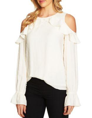 Cece Ruffled Cold-shoulder Long-sleeve Textured Blouse