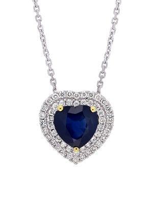 Sonatina 14k White Gold, Sapphire And Diamond Halo Heart Pendant Necklace