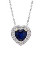 Sonatina 14k White Gold, Sapphire And Diamond Halo Heart Pendant Necklace