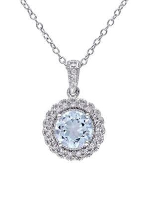 Sonatina Sterling Silver, Blue Topaz And Diamond Halo Pendant Necklace