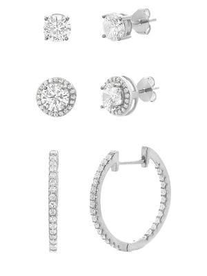 Lord & Taylor Set Of Three 925 Sterling Silver & Crystal Bridal Stud & Hoop Earrings