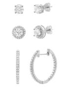 Lord & Taylor Set Of Three 925 Sterling Silver & Crystal Bridal Stud & Hoop Earrings