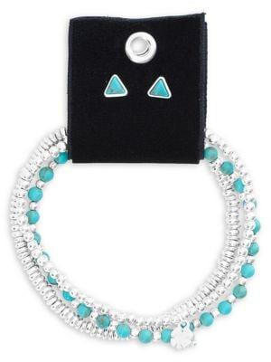 Lucky Brand Silvertone & Multi-stone Stud Earrings & Bracelet Set
