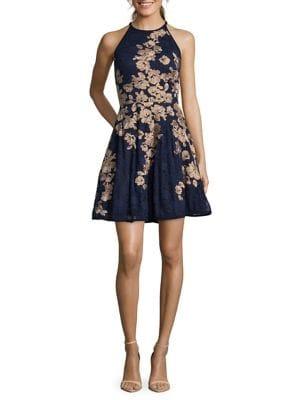 Xscape Petite High-neck Embellished Fit-&-flare Dress