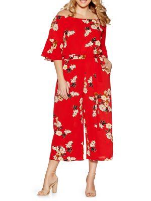 Quiz Curve Plus Floral Crepe Bardot Frill Jumpsuit