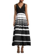 Xscape Petite Mesh-accented Striped Gown