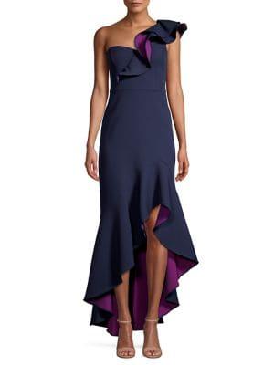 Bcbgmaxazria Off-the-shoulder Asymmetrical Frill Gown