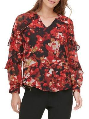 Calvin Klein Printed Ruffle-sleeve Top