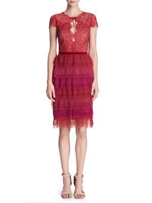 Marchesa Notte Short-sleeve Pleated Lace Cocktail Dress