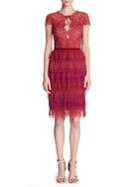Marchesa Notte Short-sleeve Pleated Lace Cocktail Dress