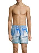 Black Brown Sailboat Print Swim Trunks