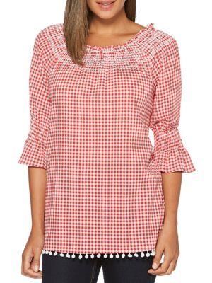 Rafaella Petite Gingham Bell-sleeve Cotton Top