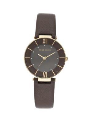 Anne Klein Goldtone Stainless Steel, Swarovski Crystal & Leather-strap Watch
