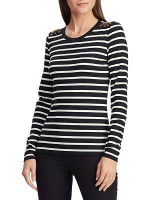Lauren Ralph Lauren Striped Suede-detail Waffle Knit Top