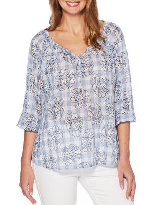 Rafaella Leaf Gingham V-neck Top