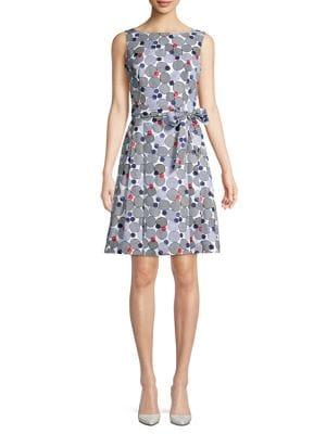 Anne Klein Boat-neck Printed Tie-waist Fit-&-flare Dress