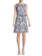 Anne Klein Boat-neck Printed Tie-waist Fit-&-flare Dress