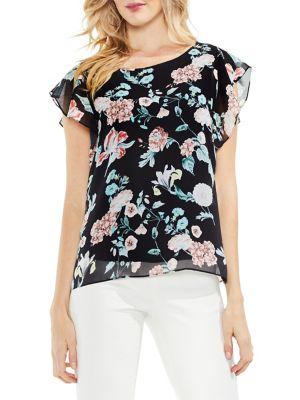 Vince Camuto Floral-print Flutter-sleeve Top