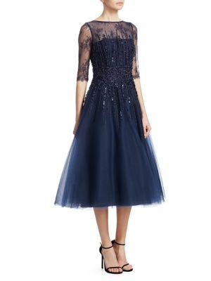 Teri Jon Beaded Tulle Fit-&-flare Dress