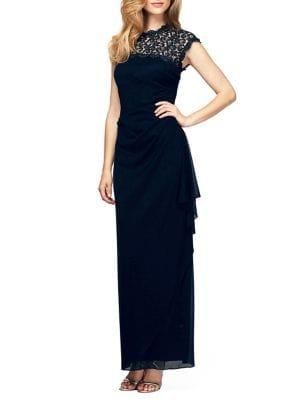 Alex Evenings Cut-out Lace Long Cap-sleeve Dress