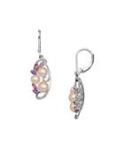 Lord & Taylor Sterling Silver Freshwater Pearl Diamond Earrings With Amethyst And Pink Tourmaline