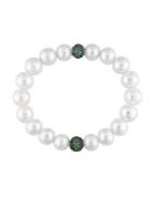 Sonatina 11-12mm Freshwater Cultured Pearl, 14k White Gold And Tsavorite Ball Rondelles Stretch Bracelet