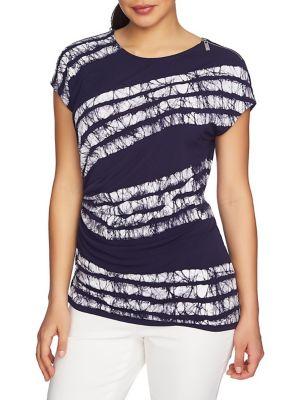 Chaus Zip-shoulder Ruched Shibori Stripe Top
