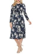 Vince Camuto Sapphire Sheen Floral Long Sleeve Fit-&-flare Dress
