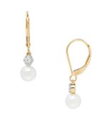 Lord & Taylor 6-6.5mm Freshwater Pearl, Diamonds And 14k Yellow Gold Earrings